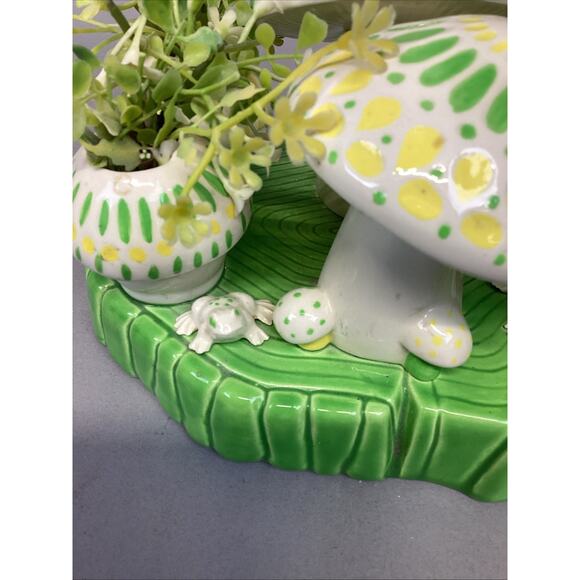 Ceramic Spring Time Statue - Frogs, Mushrooms, Plants Figurine - 6”Hx8”Lx6.5”W - Picture 3 of 11